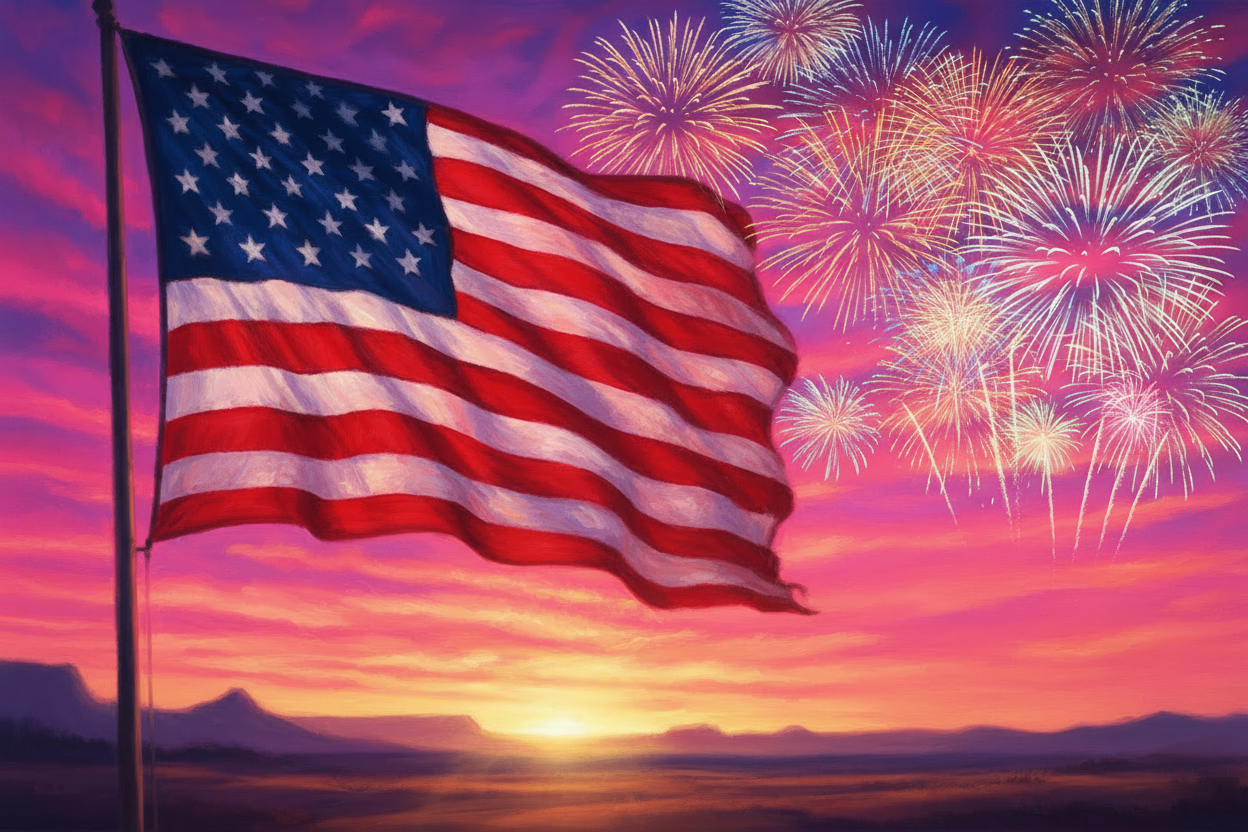 can you make the sunset more pink and purple? Can you add fire works
